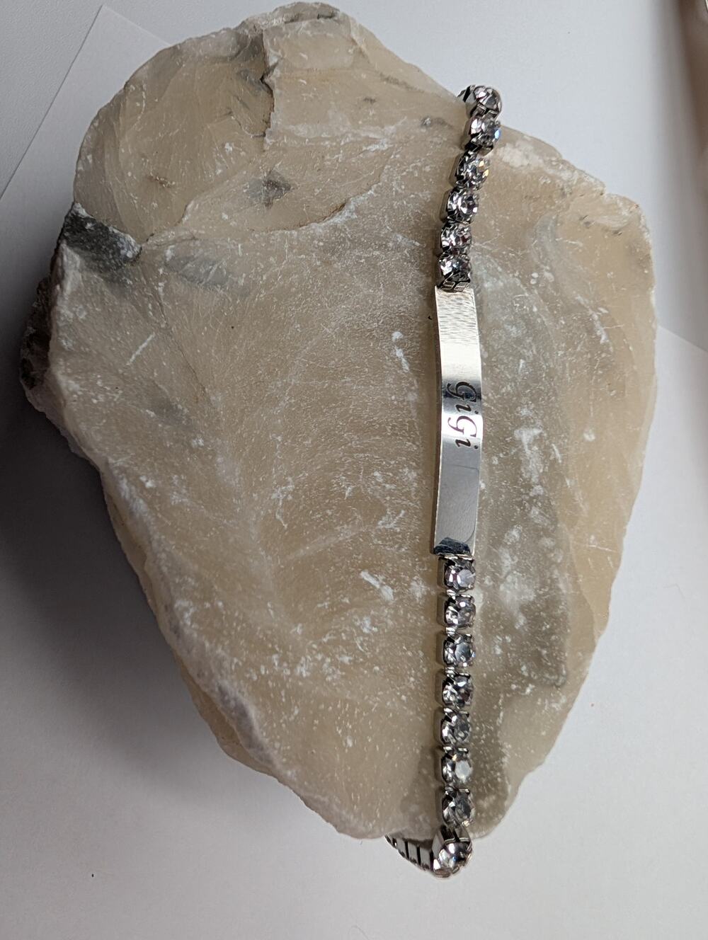 "Gigi" Engraved ID Bar Bracelet with Clear Rhinestone Chain Adjustable